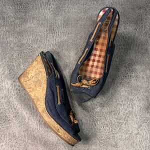 Dexter Denim Cork Peep Toe Wedge Heels